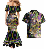 Mardi Gras Alligator Couples Matching Mermaid Dress and Hawaiian Shirt Fleur De Lis Glitter Style
