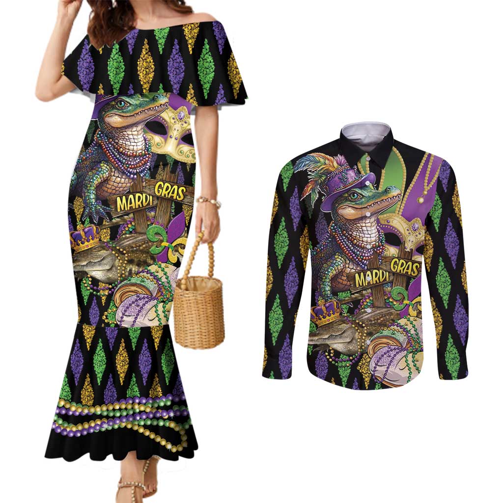 Mardi Gras Alligator Couples Matching Mermaid Dress and Long Sleeve Button Shirt Fleur De Lis Glitter Style