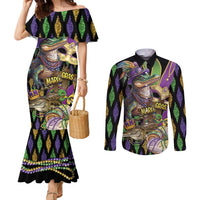 Mardi Gras Alligator Couples Matching Mermaid Dress and Long Sleeve Button Shirt Fleur De Lis Glitter Style