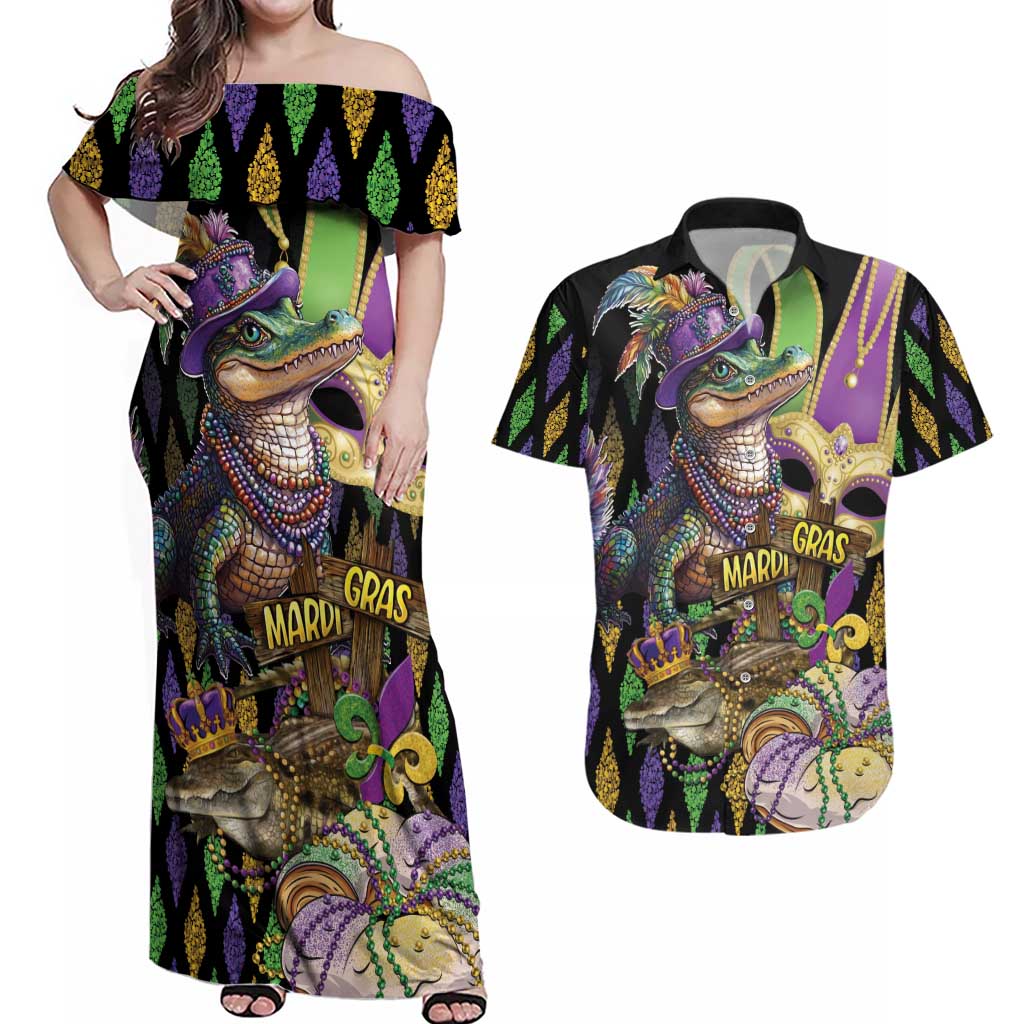 Mardi Gras Alligator Couples Matching Off Shoulder Maxi Dress and Hawaiian Shirt Fleur De Lis Glitter Style
