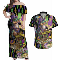 Mardi Gras Alligator Couples Matching Off Shoulder Maxi Dress and Hawaiian Shirt Fleur De Lis Glitter Style