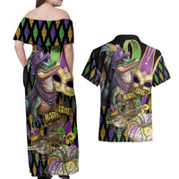 Mardi Gras Alligator Couples Matching Off Shoulder Maxi Dress and Hawaiian Shirt Fleur De Lis Glitter Style