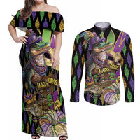 Mardi Gras Alligator Couples Matching Off Shoulder Maxi Dress and Long Sleeve Button Shirt Fleur De Lis Glitter Style