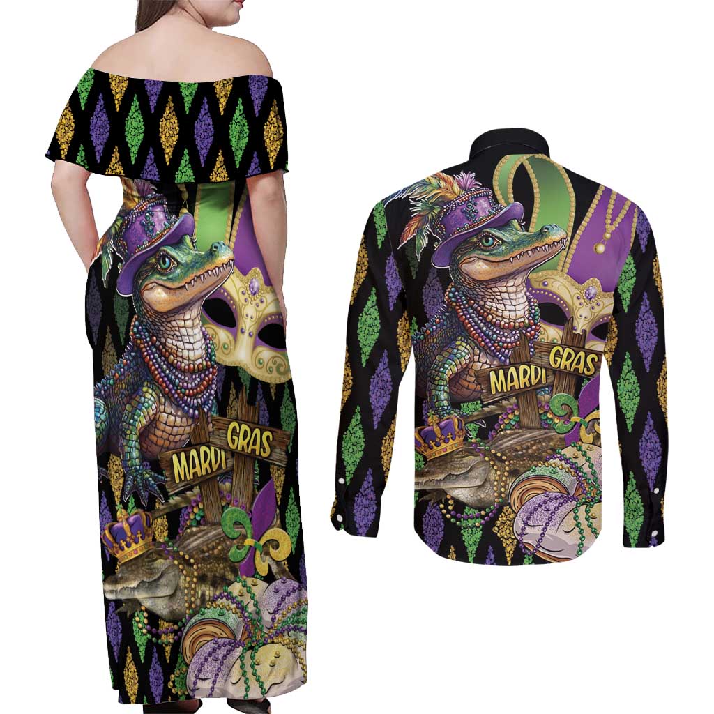 Mardi Gras Alligator Couples Matching Off Shoulder Maxi Dress and Long Sleeve Button Shirt Fleur De Lis Glitter Style