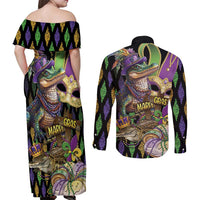 Mardi Gras Alligator Couples Matching Off Shoulder Maxi Dress and Long Sleeve Button Shirt Fleur De Lis Glitter Style