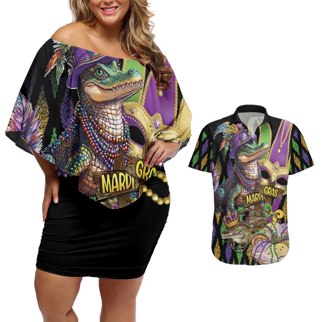 Mardi Gras Alligator Couples Matching Off Shoulder Short Dress and Hawaiian Shirt Fleur De Lis Glitter Style