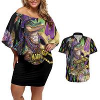 Mardi Gras Alligator Couples Matching Off Shoulder Short Dress and Hawaiian Shirt Fleur De Lis Glitter Style