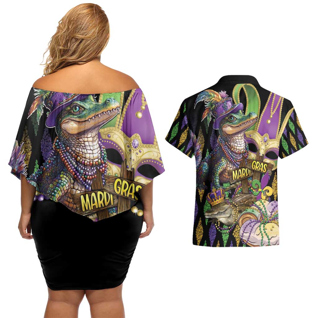 Mardi Gras Alligator Couples Matching Off Shoulder Short Dress and Hawaiian Shirt Fleur De Lis Glitter Style