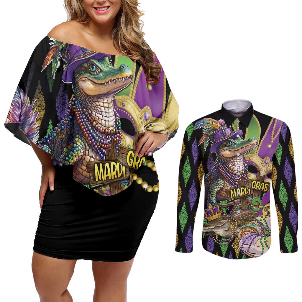 Mardi Gras Alligator Couples Matching Off Shoulder Short Dress and Long Sleeve Button Shirt Fleur De Lis Glitter Style
