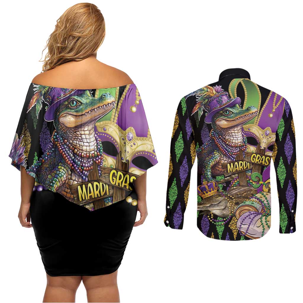 Mardi Gras Alligator Couples Matching Off Shoulder Short Dress and Long Sleeve Button Shirt Fleur De Lis Glitter Style