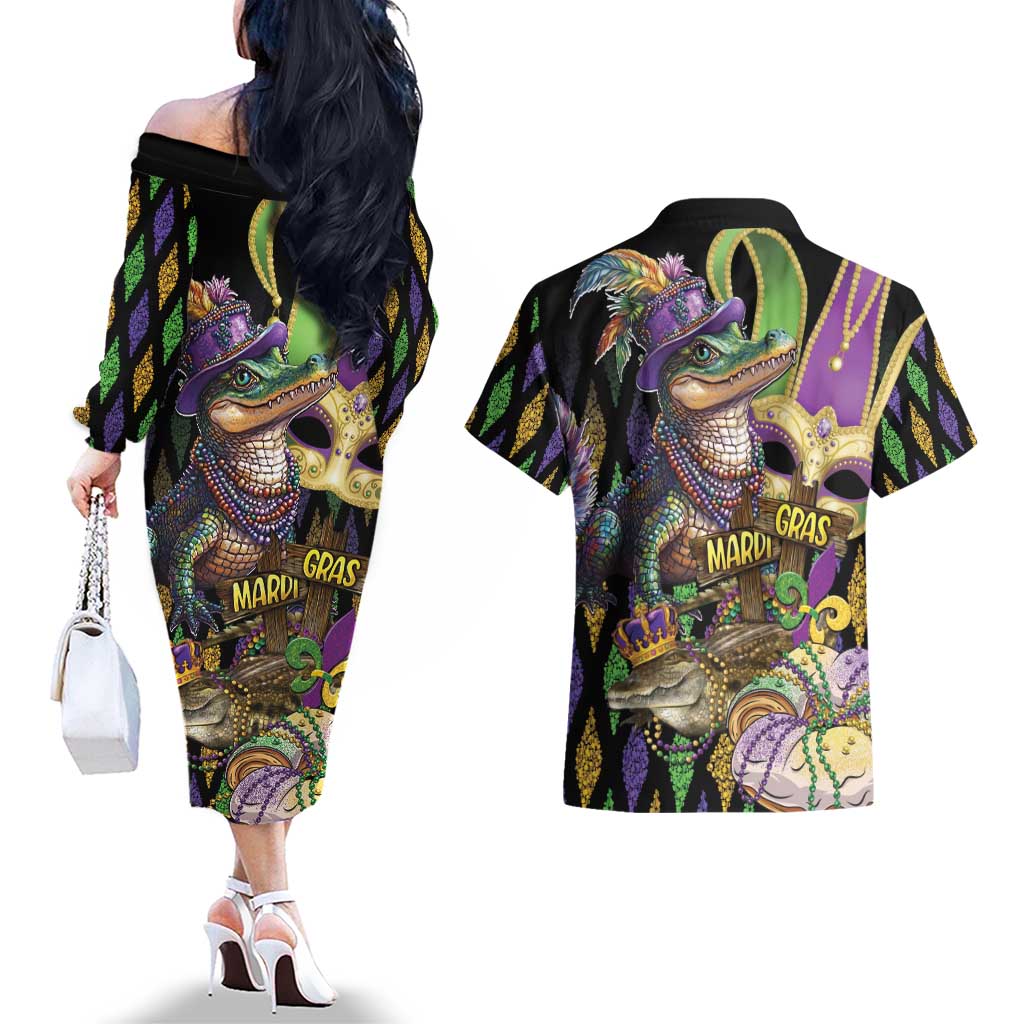 Mardi Gras Alligator Couples Matching Off The Shoulder Long Sleeve Dress and Hawaiian Shirt Fleur De Lis Glitter Style
