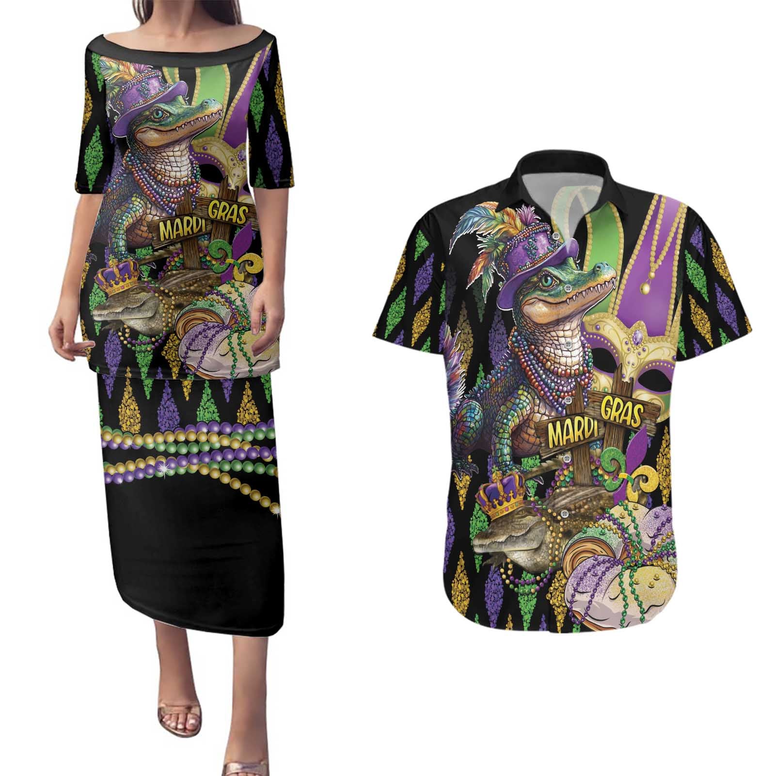 Mardi Gras Alligator Couples Matching Puletasi and Hawaiian Shirt Fleur De Lis Glitter Style