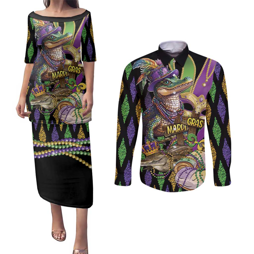 Mardi Gras Alligator Couples Matching Puletasi and Long Sleeve Button Shirt Fleur De Lis Glitter Style