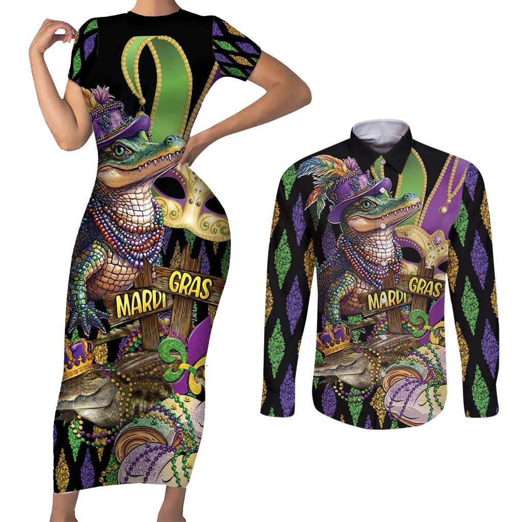 Mardi Gras Alligator Couples Matching Short Sleeve Bodycon Dress and Long Sleeve Button Shirt Fleur De Lis Glitter Style
