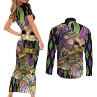 Mardi Gras Alligator Couples Matching Short Sleeve Bodycon Dress and Long Sleeve Button Shirt Fleur De Lis Glitter Style