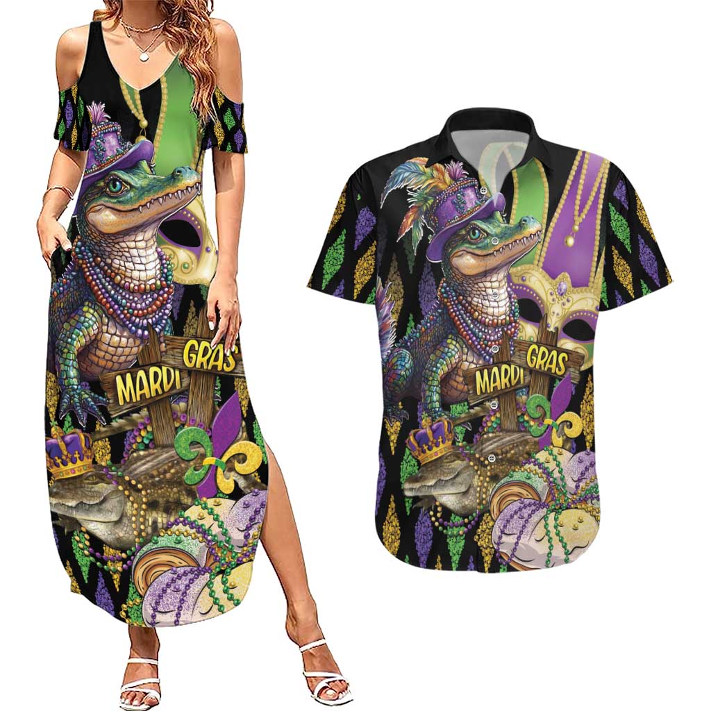 Mardi Gras Alligator Couples Matching Summer Maxi Dress and Hawaiian Shirt Fleur De Lis Glitter Style