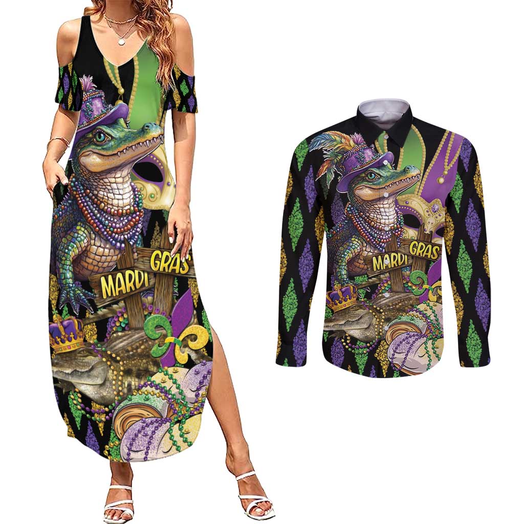 Mardi Gras Alligator Couples Matching Summer Maxi Dress and Long Sleeve Button Shirt Fleur De Lis Glitter Style