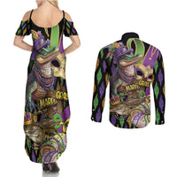 Mardi Gras Alligator Couples Matching Summer Maxi Dress and Long Sleeve Button Shirt Fleur De Lis Glitter Style