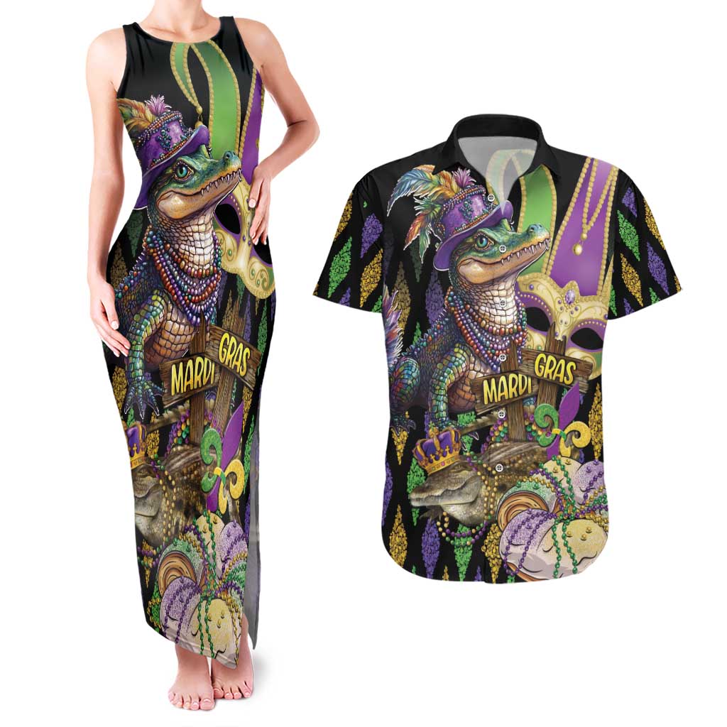 Mardi Gras Alligator Couples Matching Tank Maxi Dress and Hawaiian Shirt Fleur De Lis Glitter Style