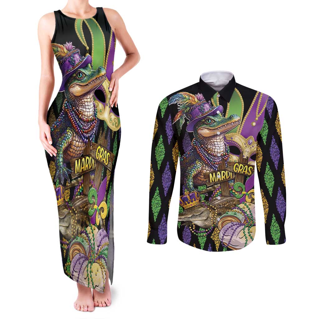 Mardi Gras Alligator Couples Matching Tank Maxi Dress and Long Sleeve Button Shirt Fleur De Lis Glitter Style