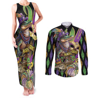 Mardi Gras Alligator Couples Matching Tank Maxi Dress and Long Sleeve Button Shirt Fleur De Lis Glitter Style