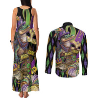 Mardi Gras Alligator Couples Matching Tank Maxi Dress and Long Sleeve Button Shirt Fleur De Lis Glitter Style