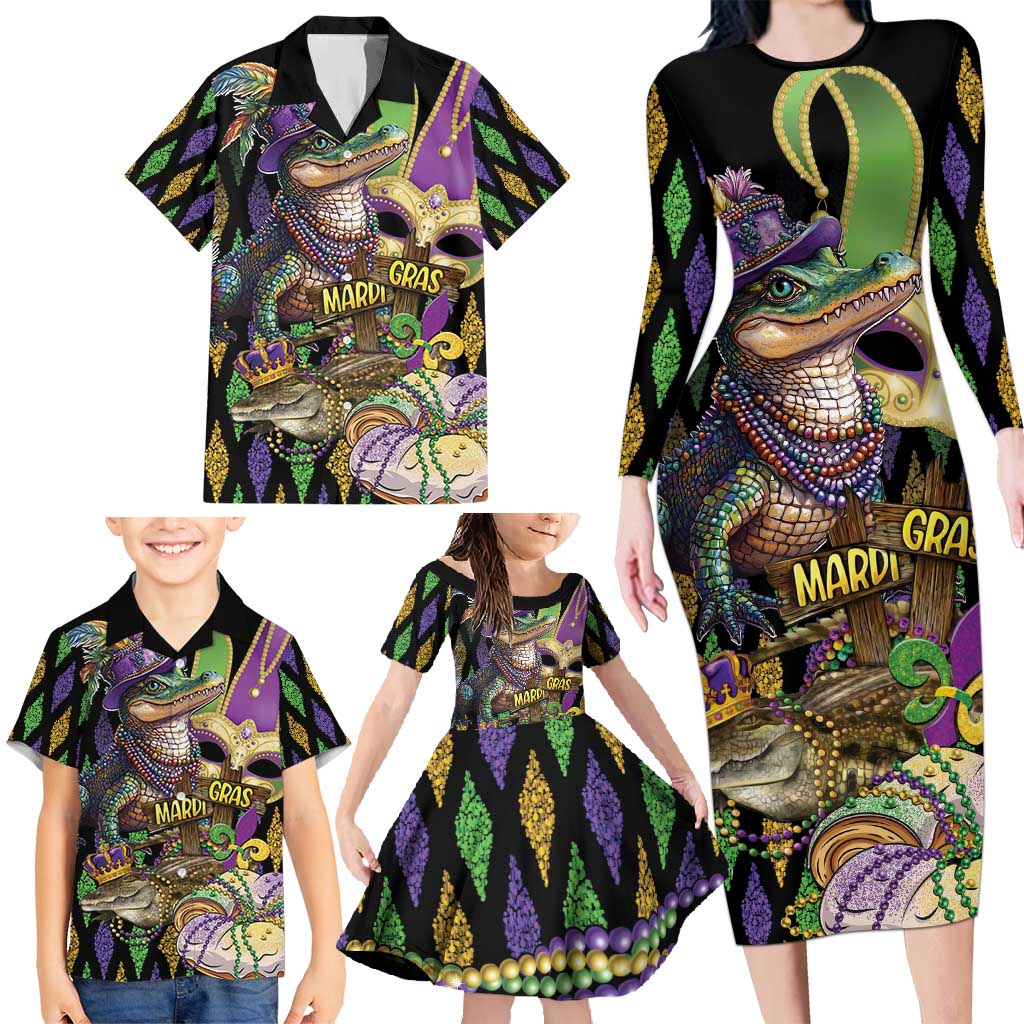 Mardi Gras Alligator Family Matching Long Sleeve Bodycon Dress and Hawaiian Shirt Fleur De Lis Glitter Style