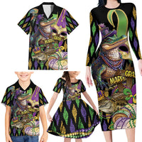 Mardi Gras Alligator Family Matching Long Sleeve Bodycon Dress and Hawaiian Shirt Fleur De Lis Glitter Style