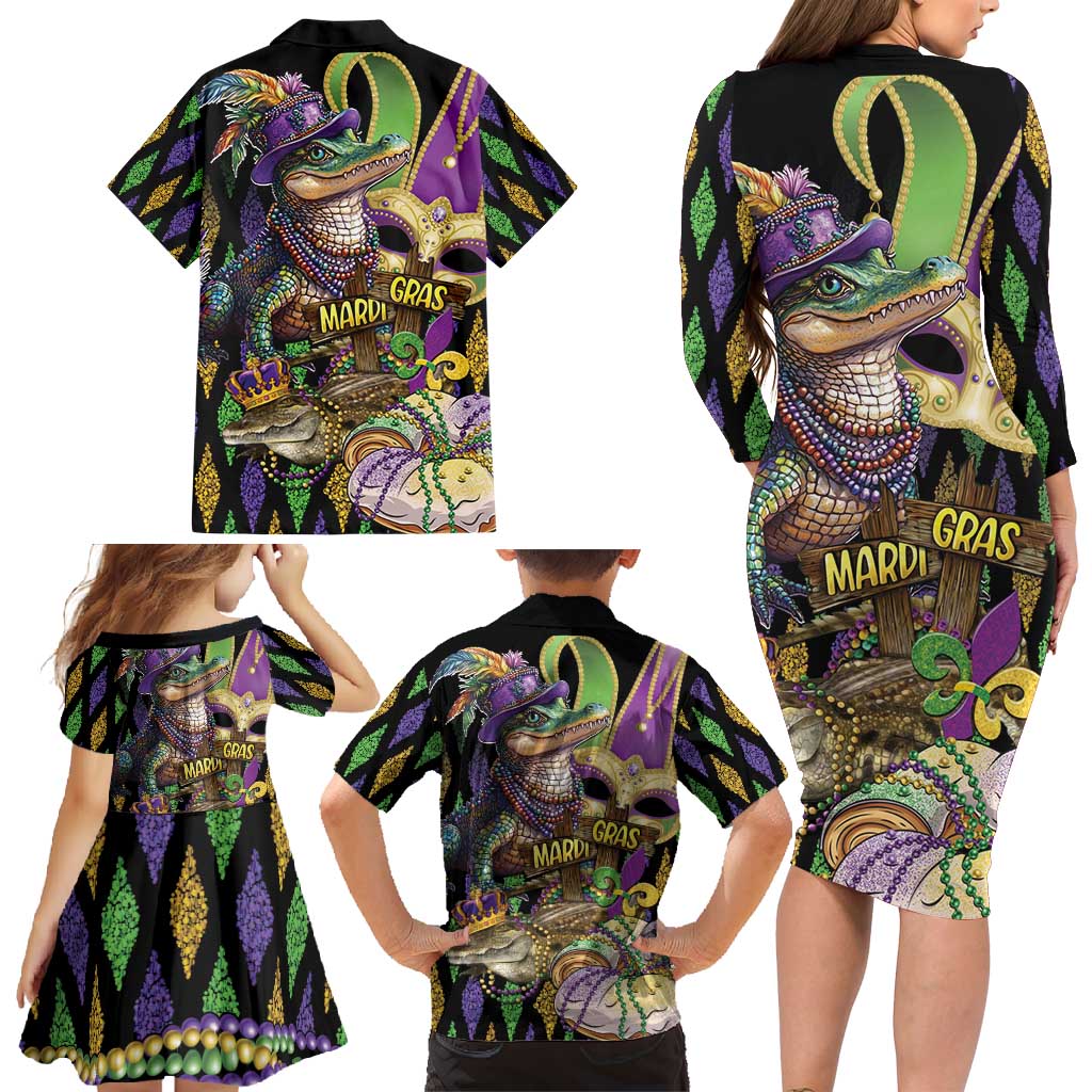 Mardi Gras Alligator Family Matching Long Sleeve Bodycon Dress and Hawaiian Shirt Fleur De Lis Glitter Style