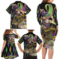 Mardi Gras Alligator Family Matching Long Sleeve Bodycon Dress and Hawaiian Shirt Fleur De Lis Glitter Style