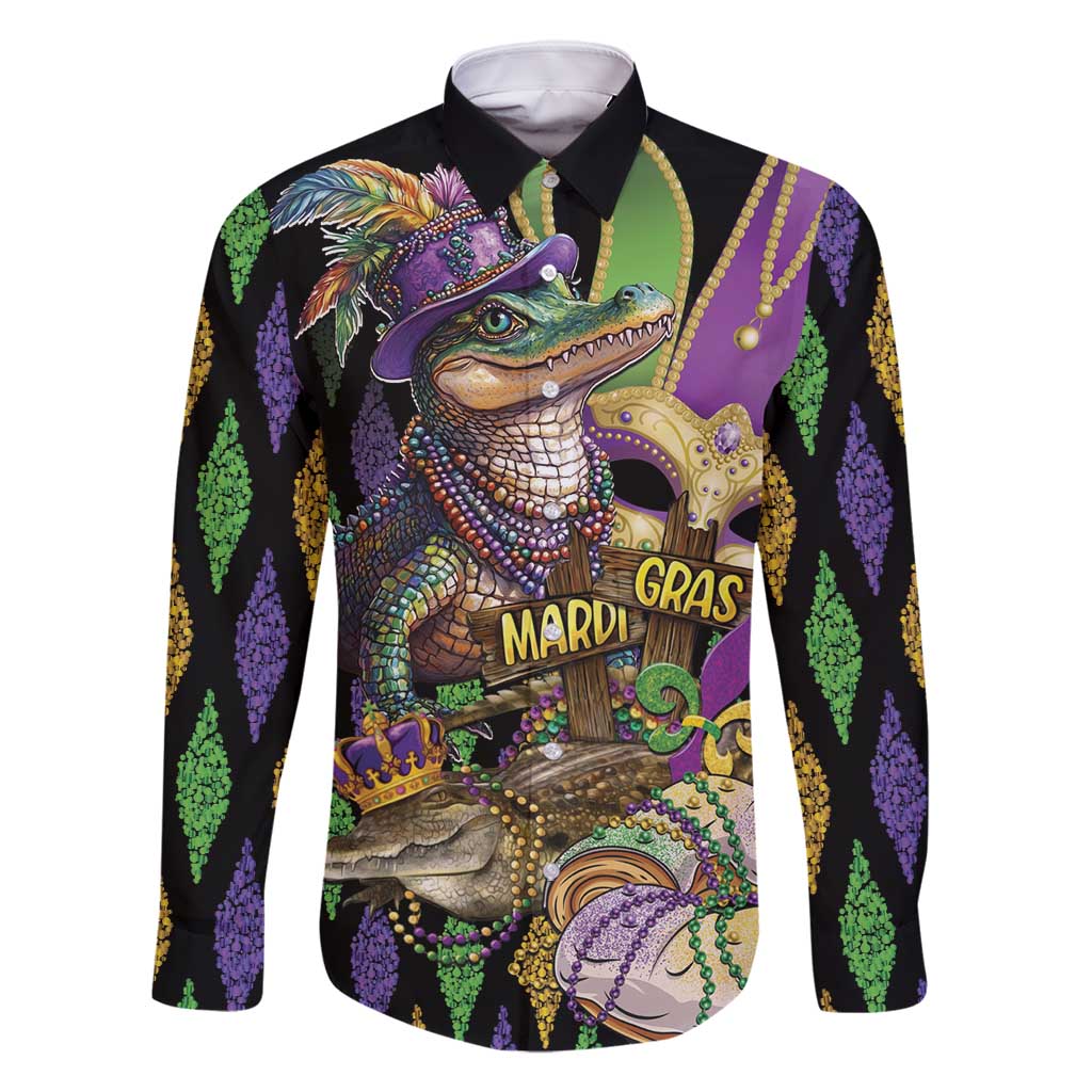 Mardi Gras Alligator Family Matching Long Sleeve Bodycon Dress and Hawaiian Shirt Fleur De Lis Glitter Style