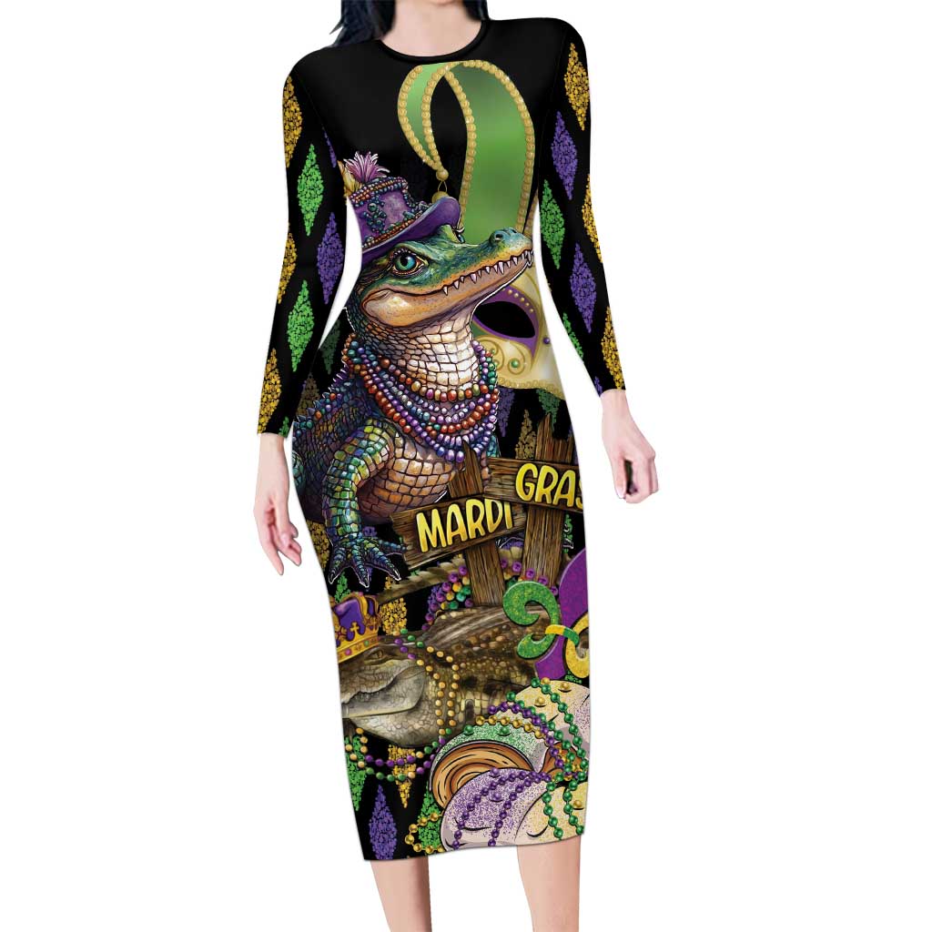 Mardi Gras Alligator Family Matching Long Sleeve Bodycon Dress and Hawaiian Shirt Fleur De Lis Glitter Style