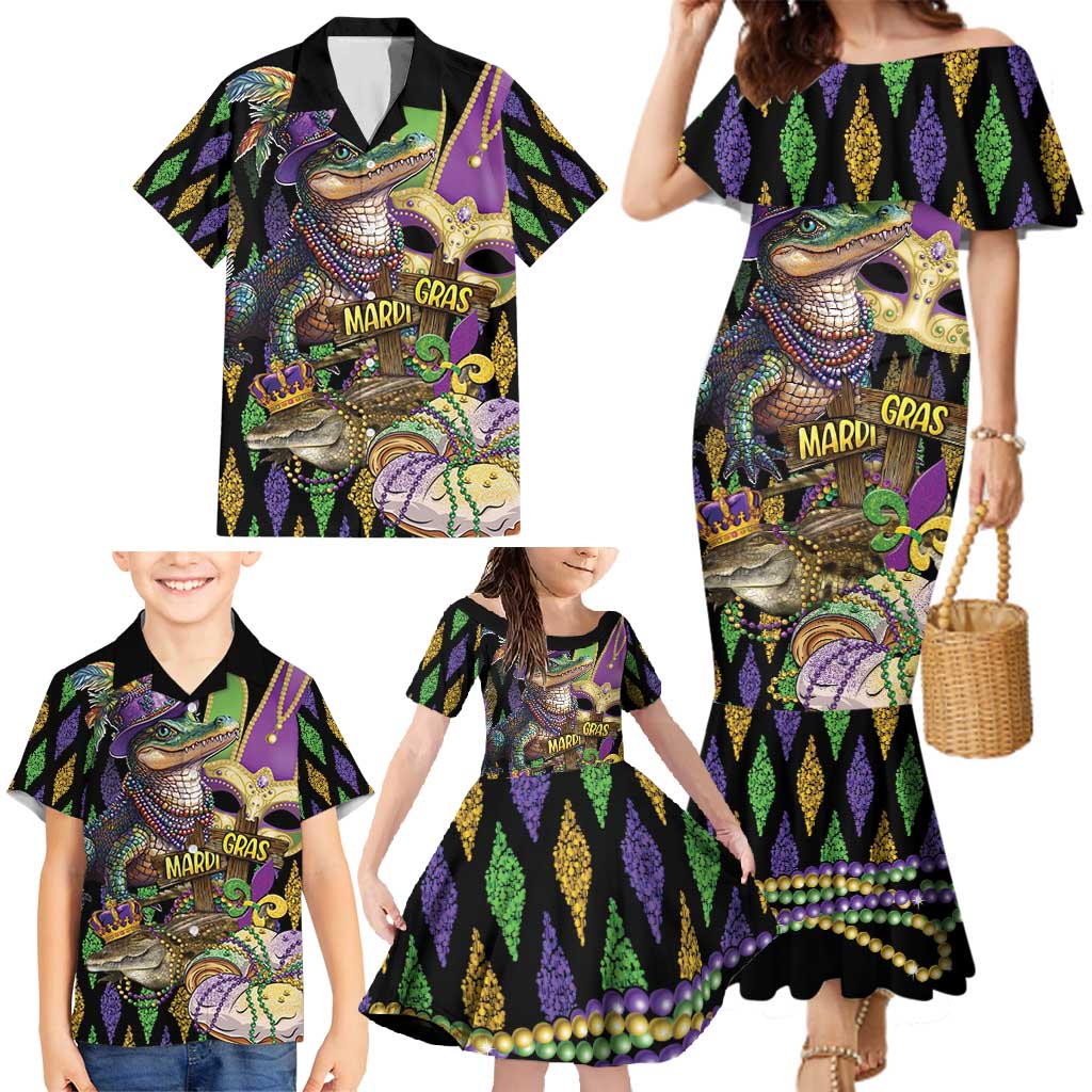 Mardi Gras Alligator Family Matching Mermaid Dress and Hawaiian Shirt Fleur De Lis Glitter Style