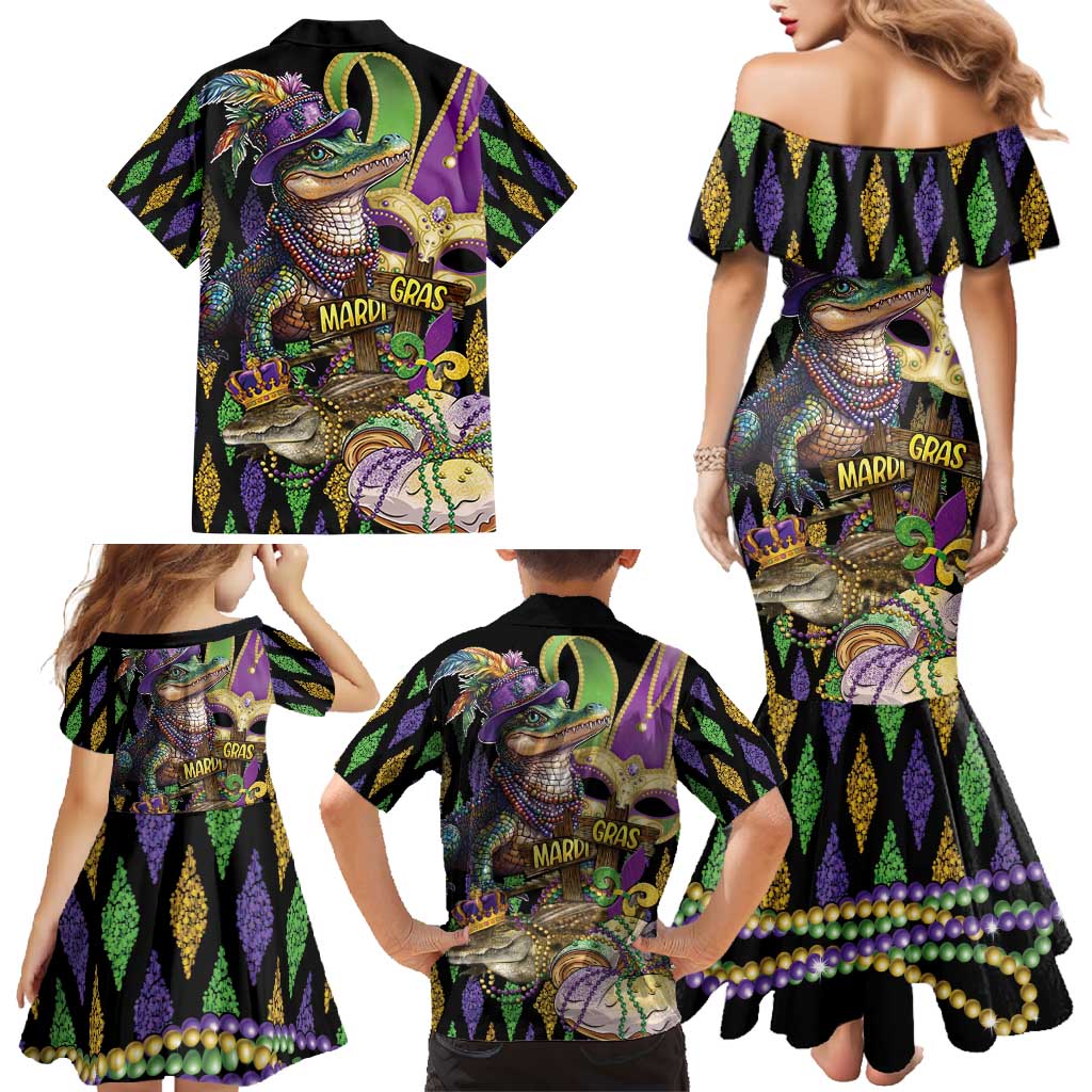 Mardi Gras Alligator Family Matching Mermaid Dress and Hawaiian Shirt Fleur De Lis Glitter Style