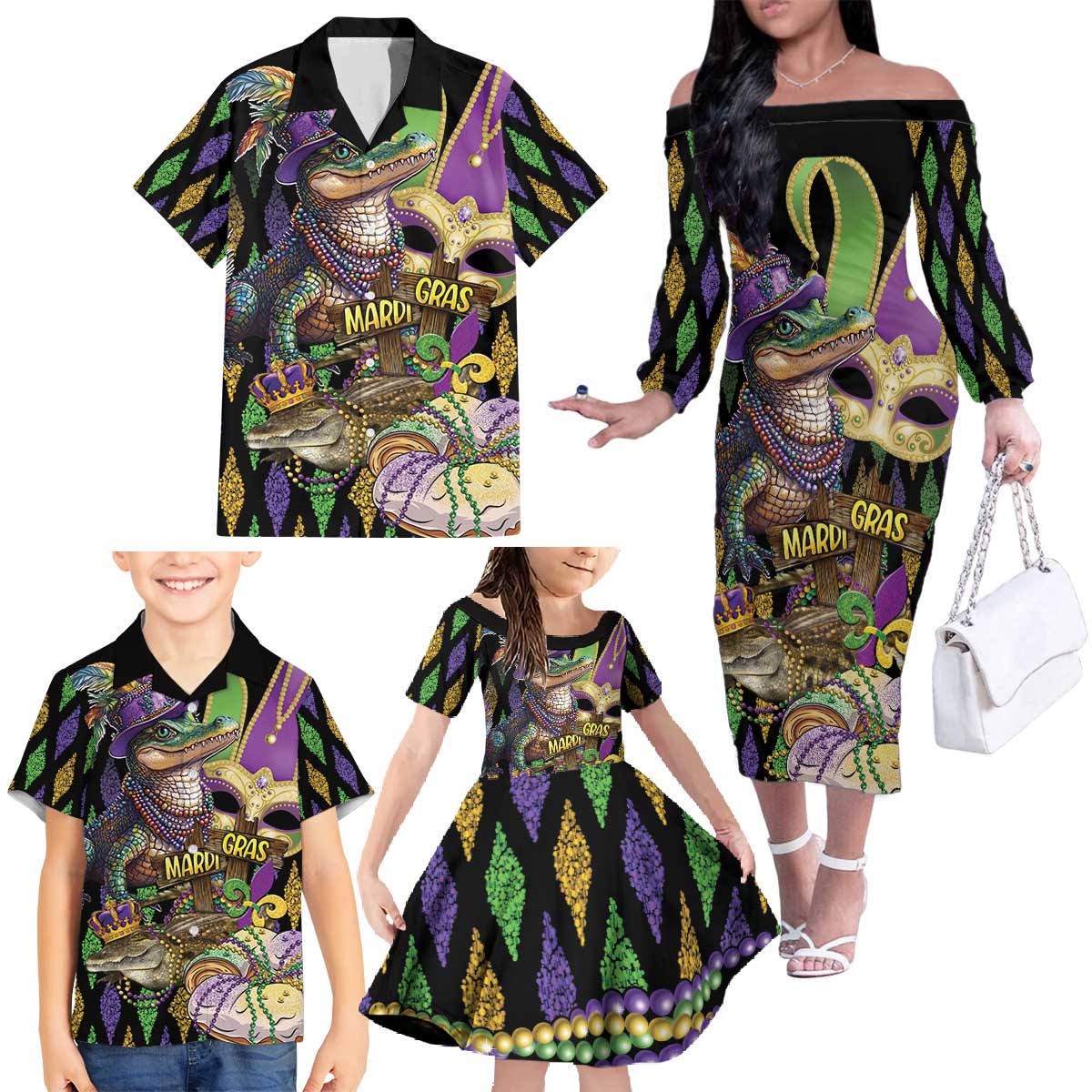 Mardi Gras Alligator Family Matching Off The Shoulder Long Sleeve Dress and Hawaiian Shirt Fleur De Lis Glitter Style