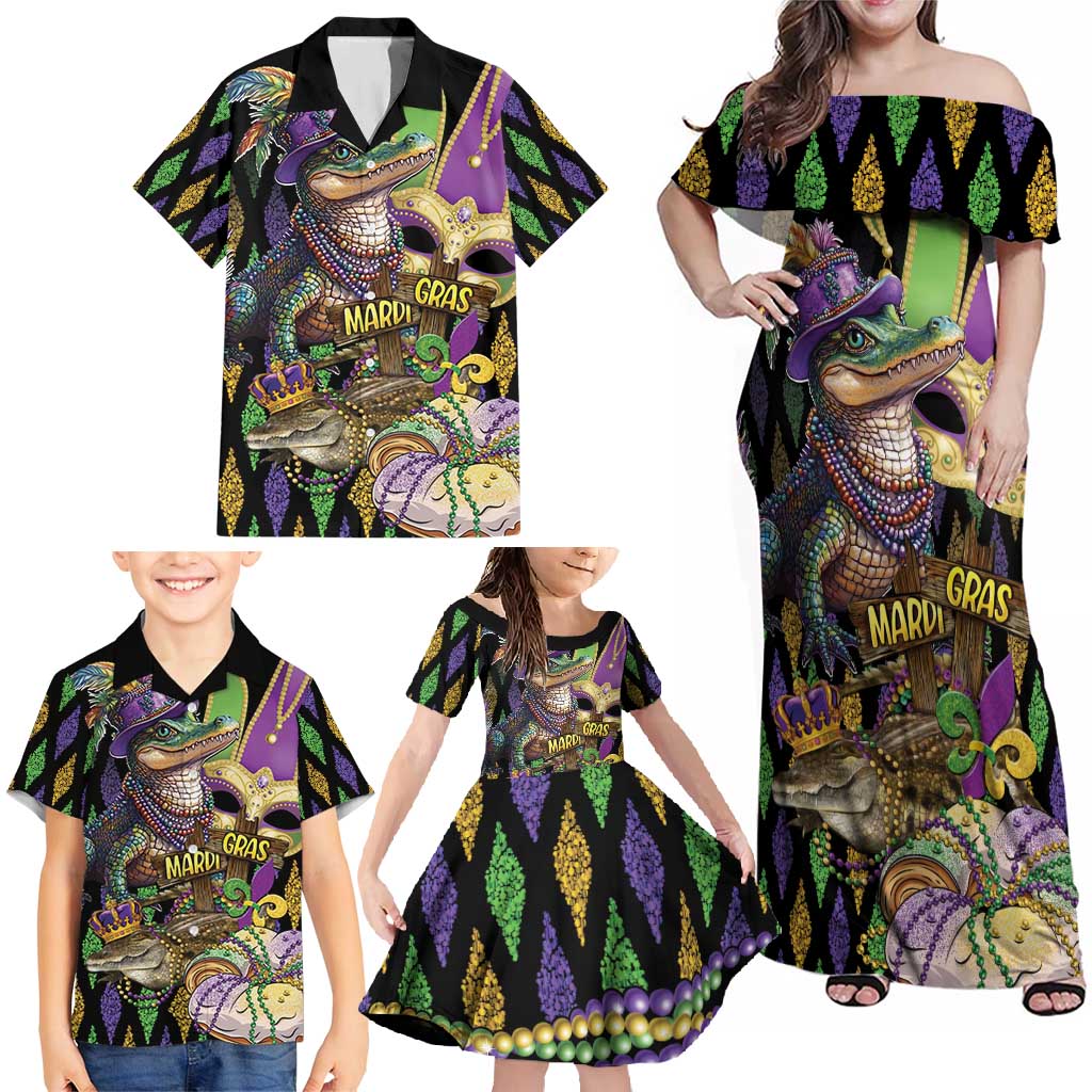 Mardi Gras Alligator Family Matching Off Shoulder Maxi Dress and Hawaiian Shirt Fleur De Lis Glitter Style
