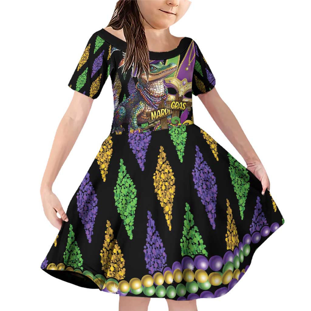Mardi Gras Alligator Family Matching Off Shoulder Short Dress and Hawaiian Shirt Fleur De Lis Glitter Style
