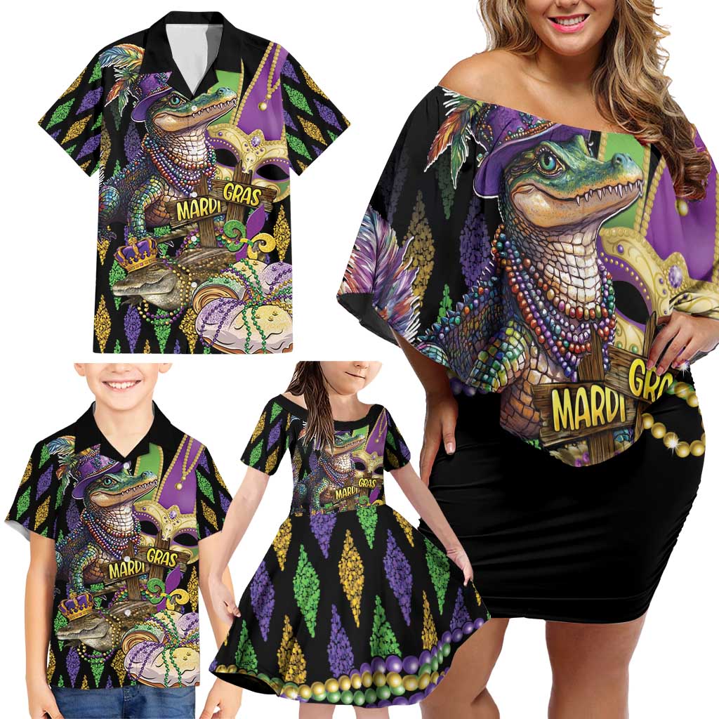 Mardi Gras Alligator Family Matching Off Shoulder Short Dress and Hawaiian Shirt Fleur De Lis Glitter Style