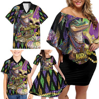 Mardi Gras Alligator Family Matching Off Shoulder Short Dress and Hawaiian Shirt Fleur De Lis Glitter Style