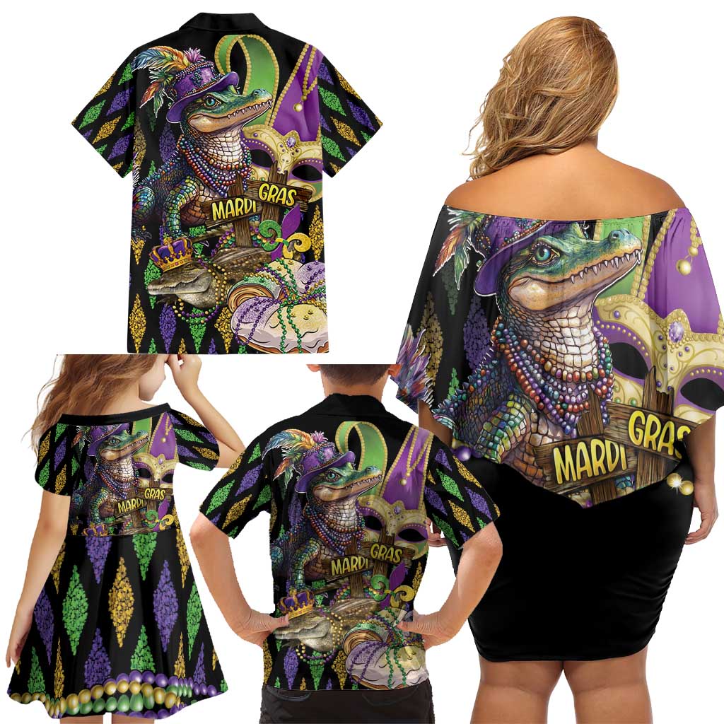 Mardi Gras Alligator Family Matching Off Shoulder Short Dress and Hawaiian Shirt Fleur De Lis Glitter Style