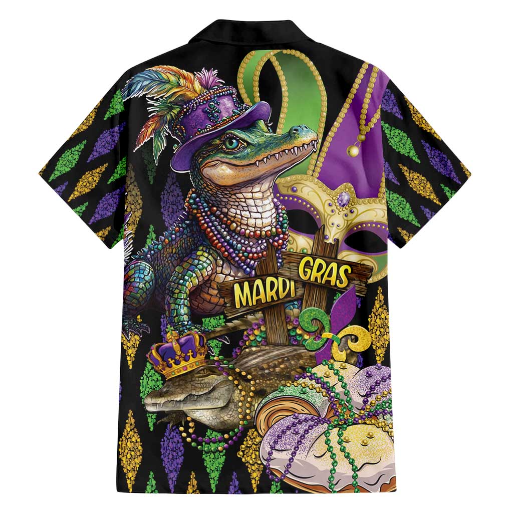 Mardi Gras Alligator Family Matching Off Shoulder Short Dress and Hawaiian Shirt Fleur De Lis Glitter Style