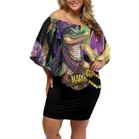 Mardi Gras Alligator Family Matching Off Shoulder Short Dress and Hawaiian Shirt Fleur De Lis Glitter Style
