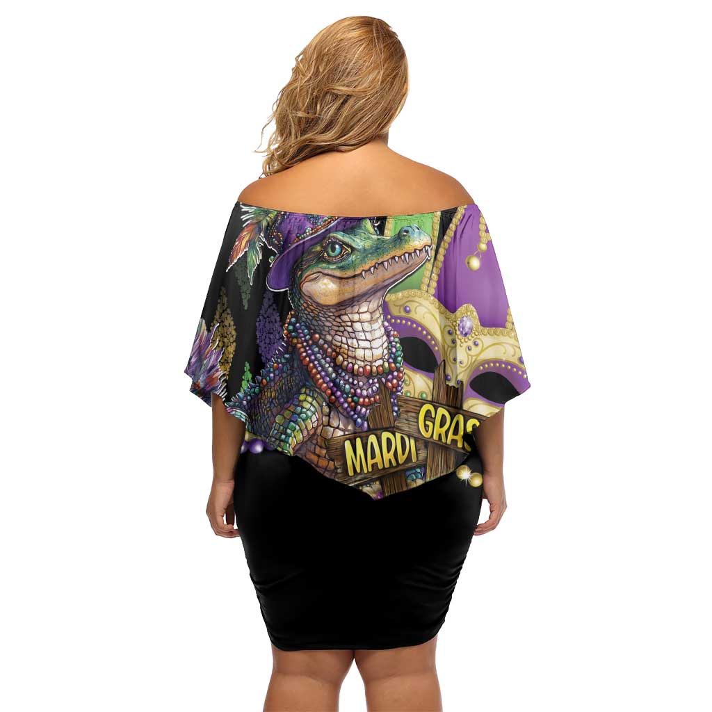 Mardi Gras Alligator Family Matching Off Shoulder Short Dress and Hawaiian Shirt Fleur De Lis Glitter Style