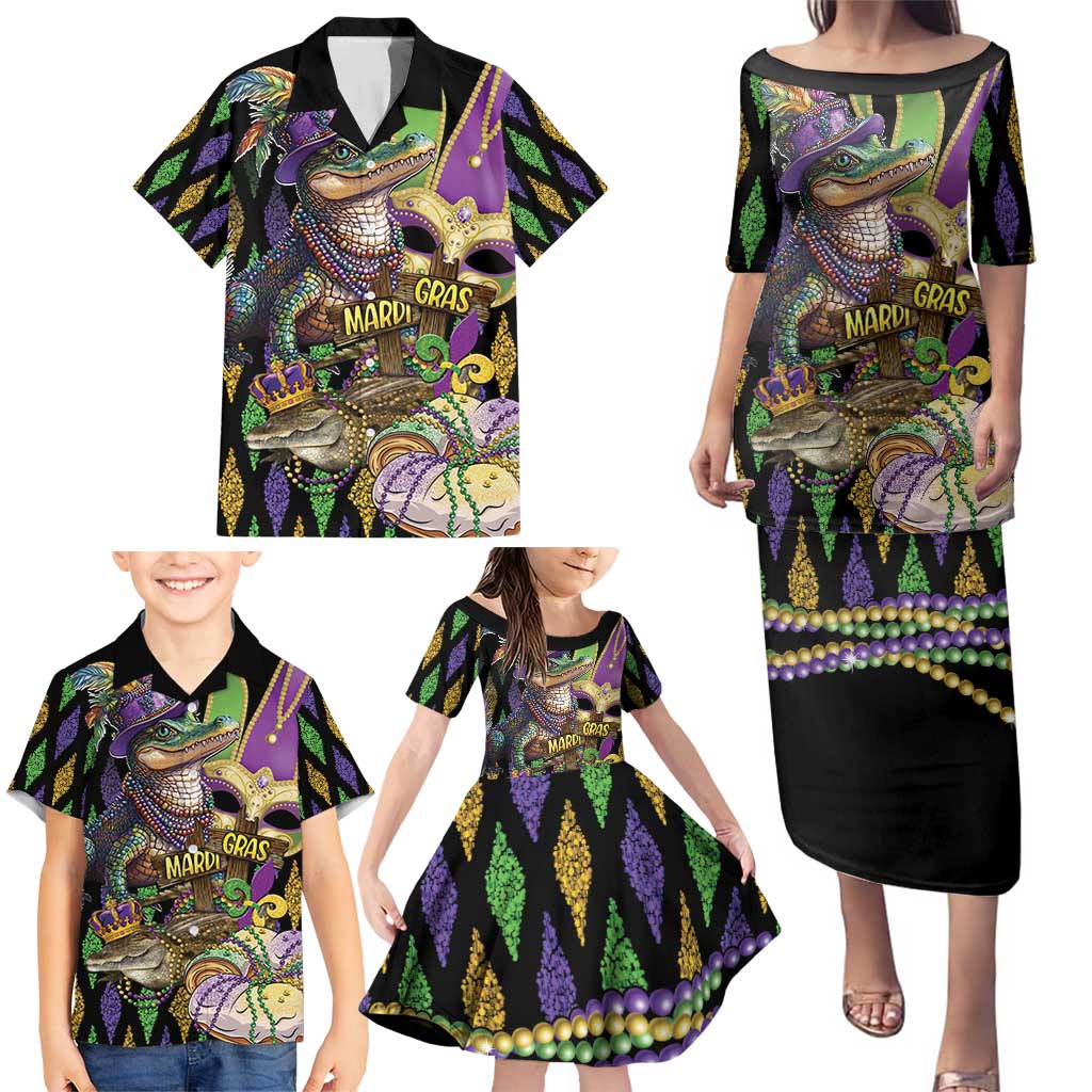 Mardi Gras Alligator Family Matching Puletasi and Hawaiian Shirt Fleur De Lis Glitter Style
