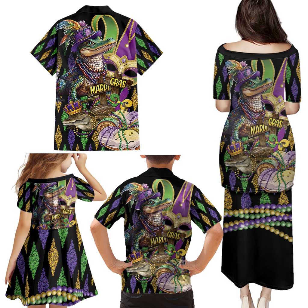 Mardi Gras Alligator Family Matching Puletasi and Hawaiian Shirt Fleur De Lis Glitter Style