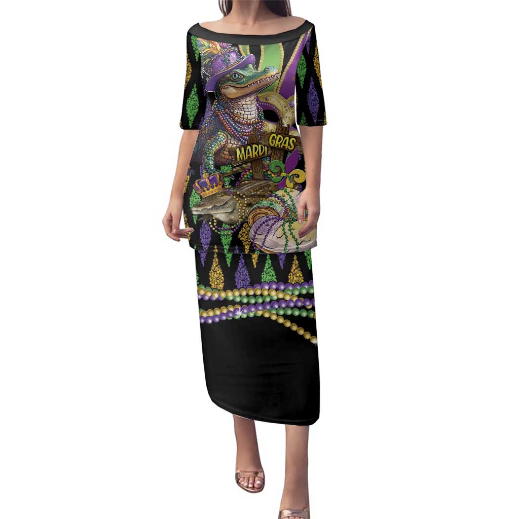 Mardi Gras Alligator Family Matching Puletasi and Hawaiian Shirt Fleur De Lis Glitter Style