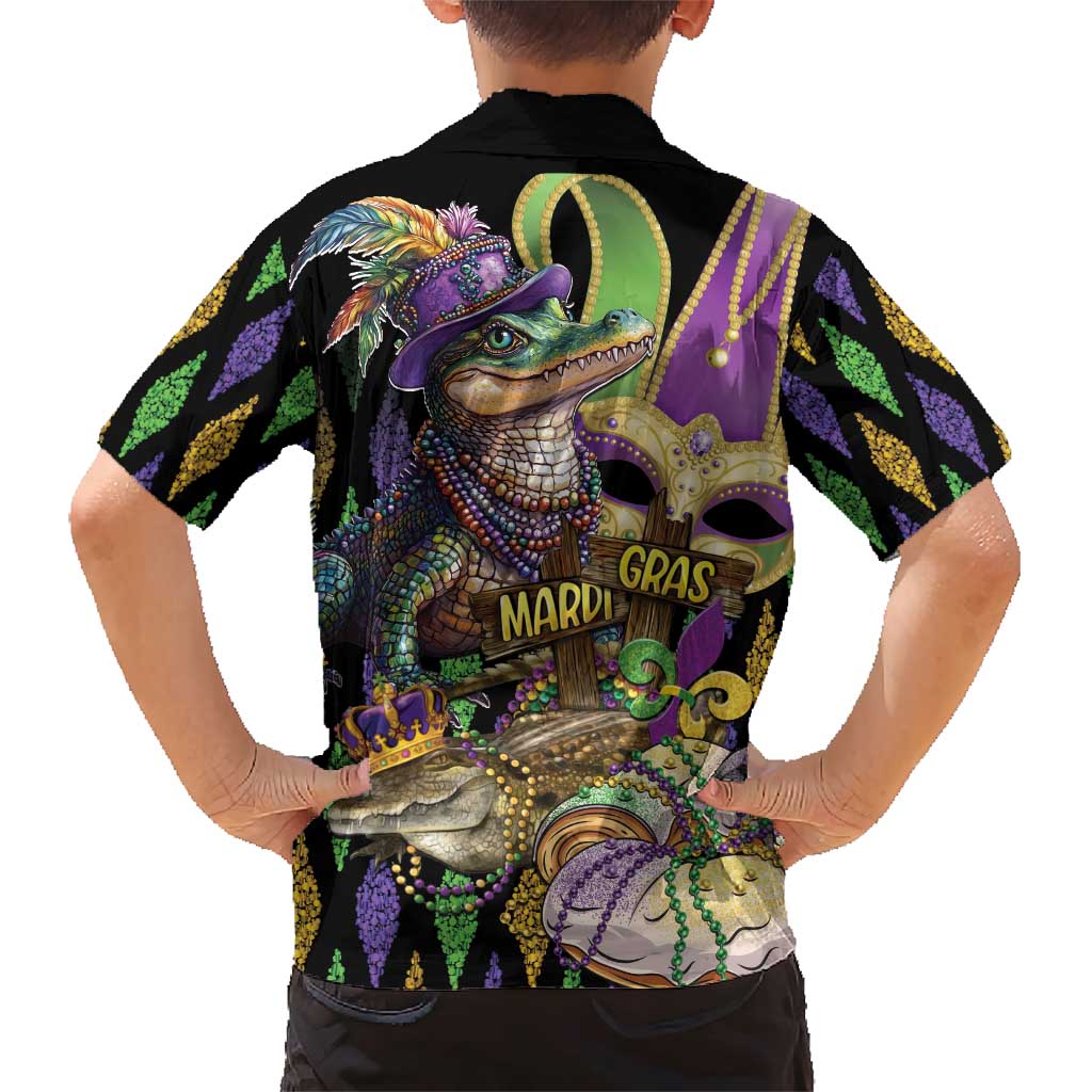 Mardi Gras Alligator Family Matching Short Sleeve Bodycon Dress and Hawaiian Shirt Fleur De Lis Glitter Style