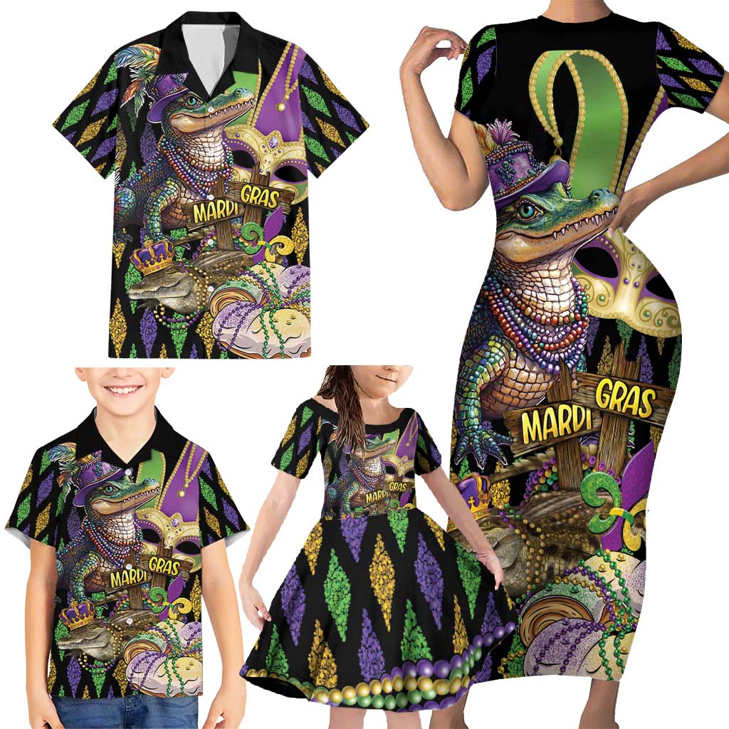 Mardi Gras Alligator Family Matching Short Sleeve Bodycon Dress and Hawaiian Shirt Fleur De Lis Glitter Style
