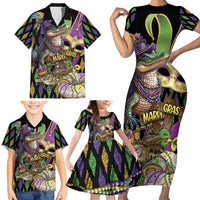Mardi Gras Alligator Family Matching Short Sleeve Bodycon Dress and Hawaiian Shirt Fleur De Lis Glitter Style