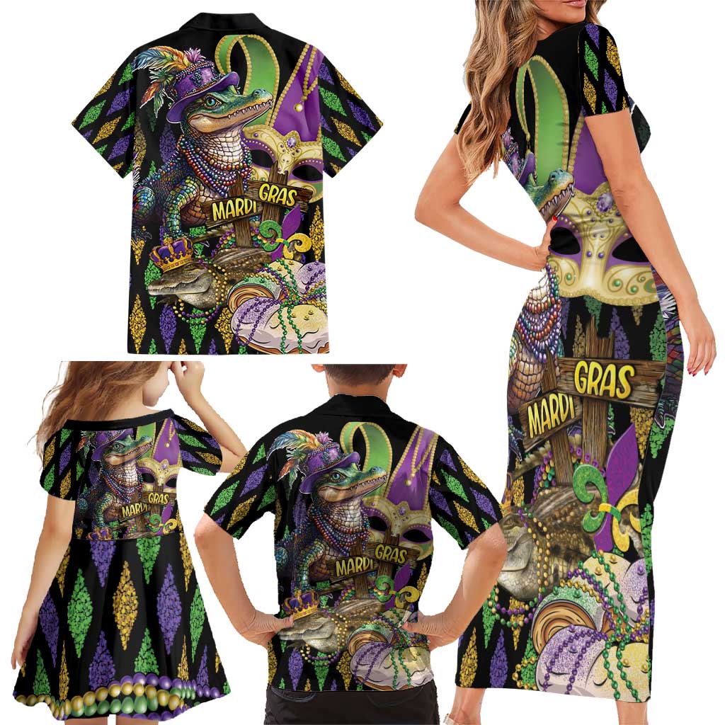Mardi Gras Alligator Family Matching Short Sleeve Bodycon Dress and Hawaiian Shirt Fleur De Lis Glitter Style